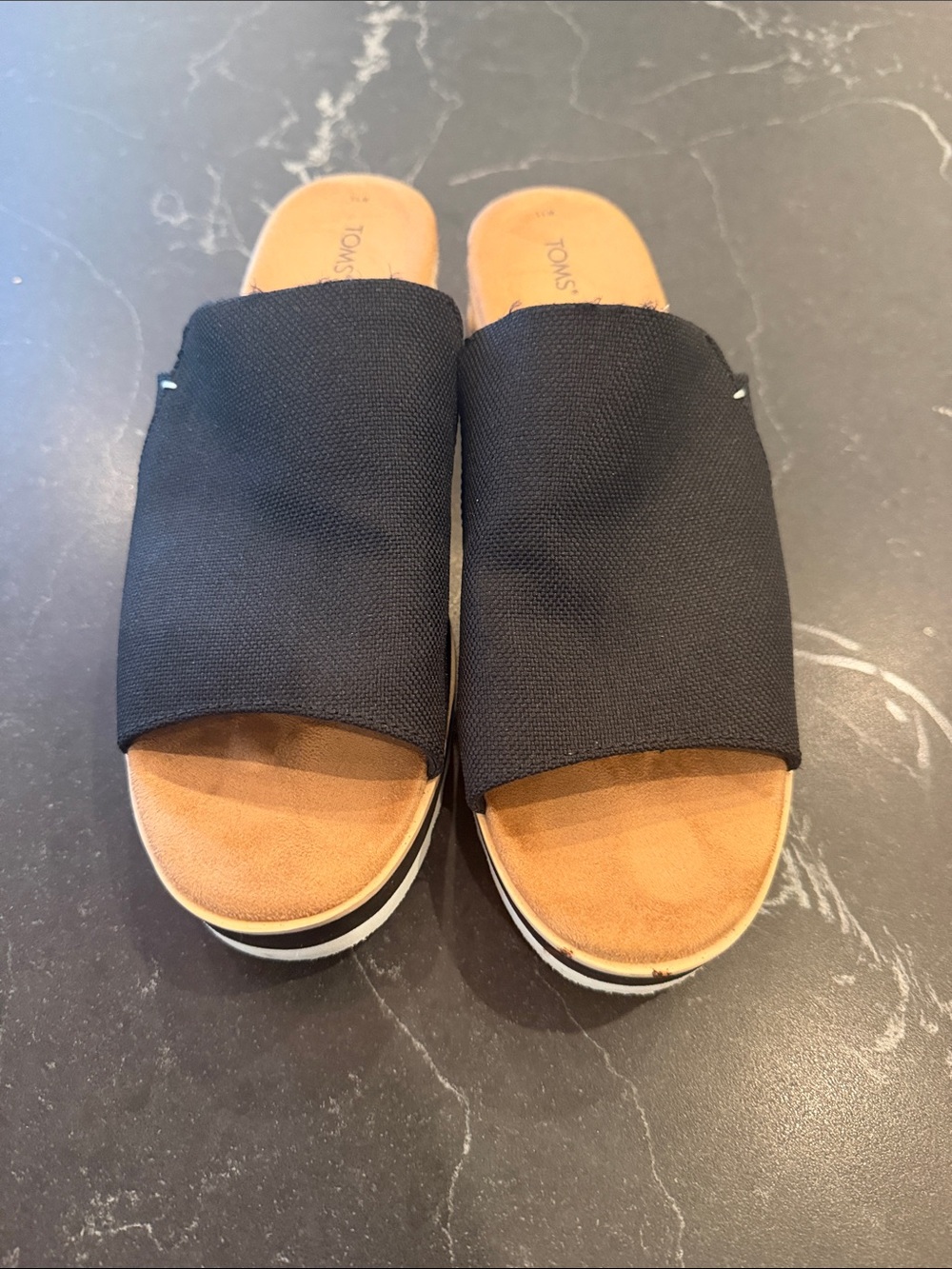 TOMS woman’s Black Slide Sandals with Tan Footbed